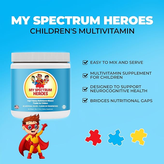 My Spectrum Heroes Kids Powder Multivitamin - Powder Supplement Better Absorption Non-GMO Non-Gluten No Artificial Ingredients - Neural Help for Children on The Spectrum - 30 Servings
