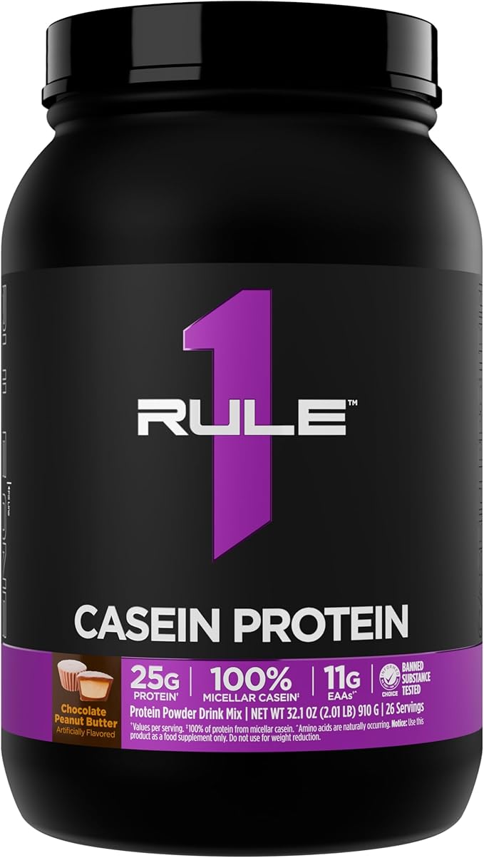 Rule 1 Casein Protein - 25g Protein and 11g EAAs Per Serving from Slow-Release Micellar Casein for Overnight Recovery and Sustained Delivery Between Meals (2 Pounds Chocolate Peanut Butter)