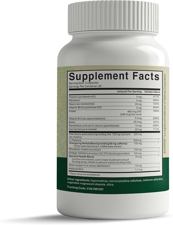 Stress Energy Brain (2 Pack) - Fatigue Supplement with Stress Energy Support - Rhodiola Rosea Lions Mane L Theanine Ginkgo Biloba Milk Thistle Iron - 4 Months Supply