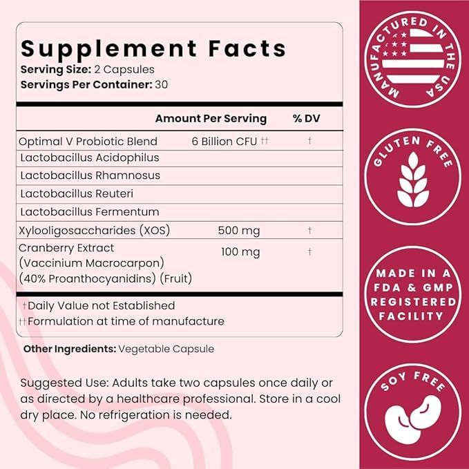 Optimal Prime Vaginal Probiotics for Women with Prebiotics Cranberry Extract and a Lactobacillus Probiotic Blend Supports Healthy Vaginal Flora Odor Control pH Balance 60 Capsules (Pack of 2)