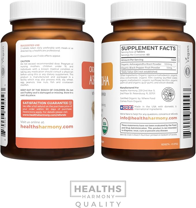 USDA Organic Ashwagandha Supplement - High Potency Ashwagandha Pills Made With Organic Black Pepper for Enhanced Absorption - Vegan Non-GMO Made in the USA &amp Lab Verified (2 Months Supply)