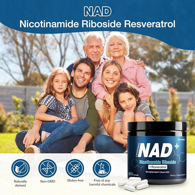 NAD+ Supplement 1000mg - Nicotinamide Riboside (NR) and Resveratrol Liposomal NAD of Pure Organic Ingredients for Women &amp Men Healthy Aging Brain and Cellular Energy 80 Capsules(2Pcs)