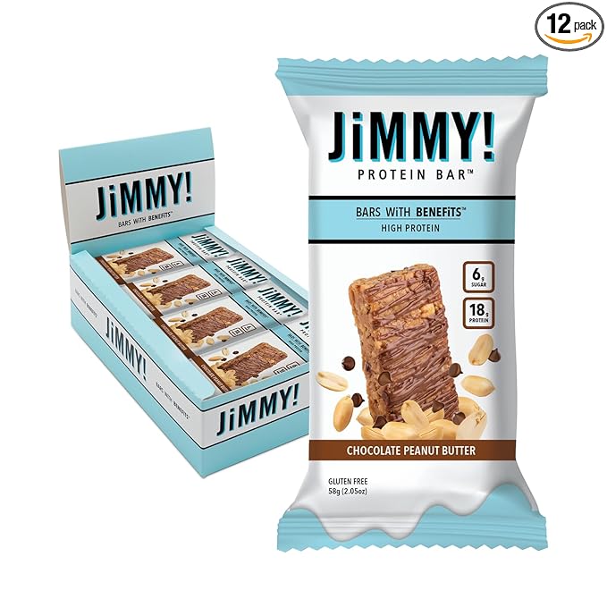 JiMMYBAR! Chocolate Peanut Butter Protein Bars 18g Protein Bar 6g Low Sugar - 12 Count - 58g Health Bars - Functional Snack with Real Peanuts &amp Hand-Drizzled Chocolate