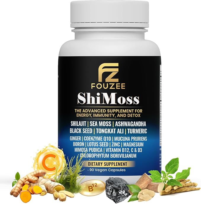 ShiMoss Supplement w/Shilajit 1000mg Sea Moss 7000mg Ashwagandha 9000mg Tongkat Ali 90000 mg Vitamin C B12 Boron Turmeric Ginger - Immunity Dietary Capsule for Men &amp Women - 90 Count