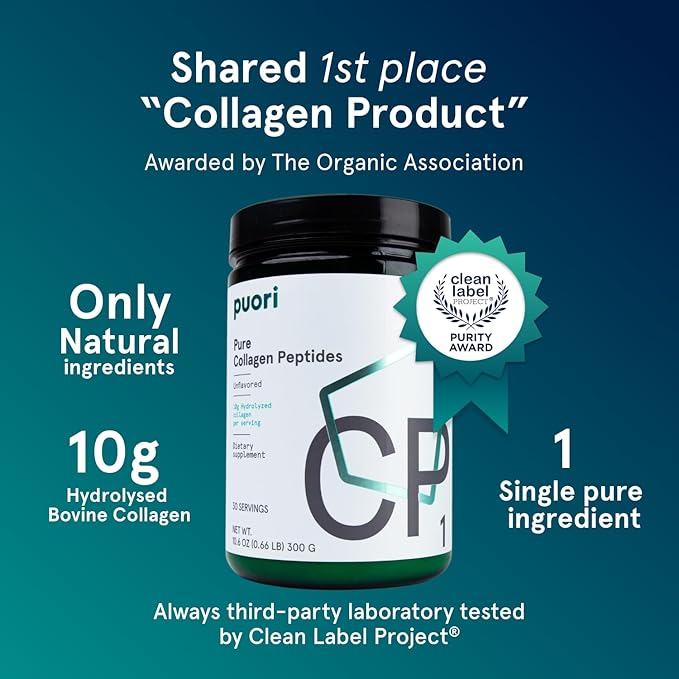 Puori Pure Collagen Peptides Powder Unflavored - 10g of Grass-Fed Hydrolyzed Bovine Collagen Supports Skin Health Hair &amp Nail Strength Joint Pain &amp Mobility Support - 30 Servings