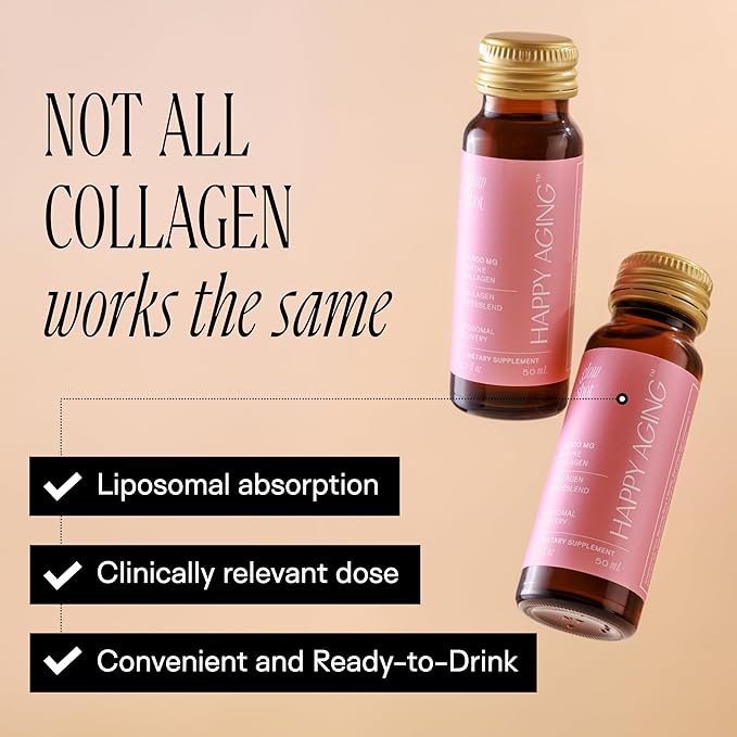 Happy Aging Marine Collagen Peptides Glow Shot 10000mg - Liquid Collagen for Women with Liposomal Delivery - Promotes Skin Hydration Elasticity &amp Radiance - Supports Hair &amp Nails 10 Shots
