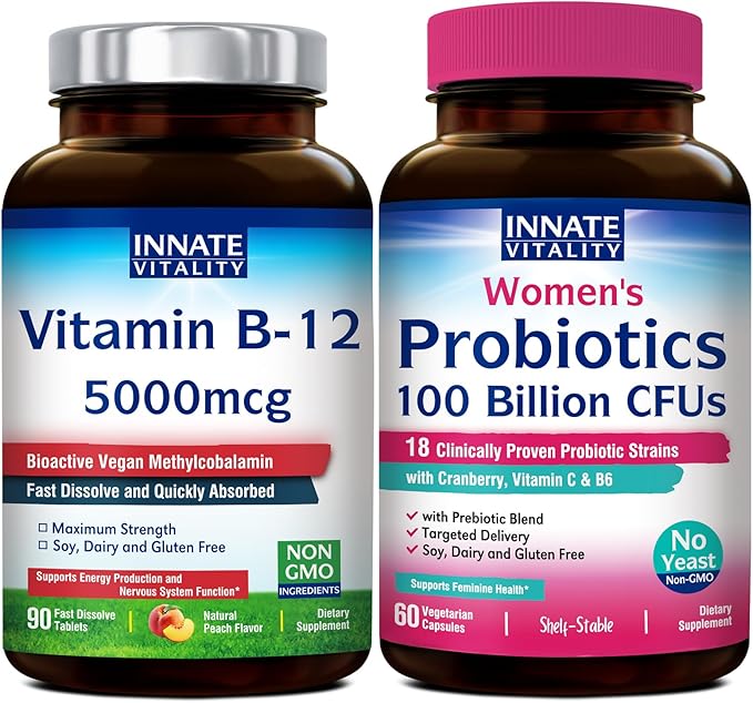 Innate Vitality Bundle: Probiotics (100 Billion CFUs 18 Strains) with Cranberry &amp Vitamin B12 5000mcg Sublingual Tablets - Digestive Vaginal Health Energy Production &amp Nervous System Suppor