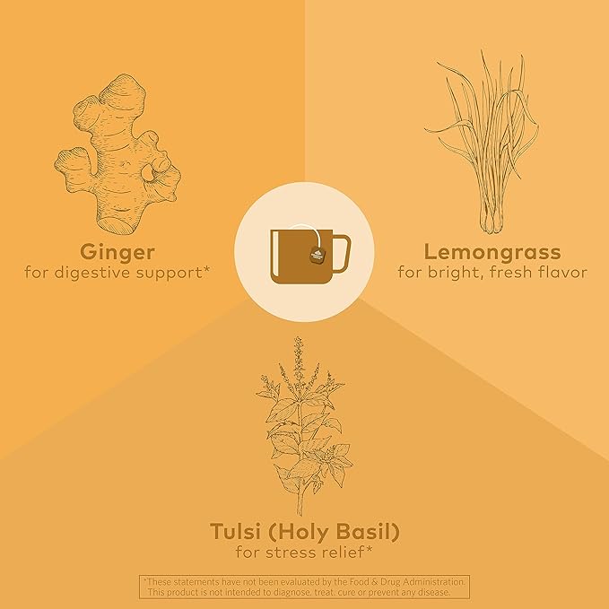 ORGANIC INDIA Tulsi Lemon Ginger Tea Bags - Herbal Tea Stress Relieving &amp Reviving Immune Support Aids Digestion Vegan USDA Certified Organic Non-GMO Caffeine-Free - 18 Infusion Bags 3 Pac