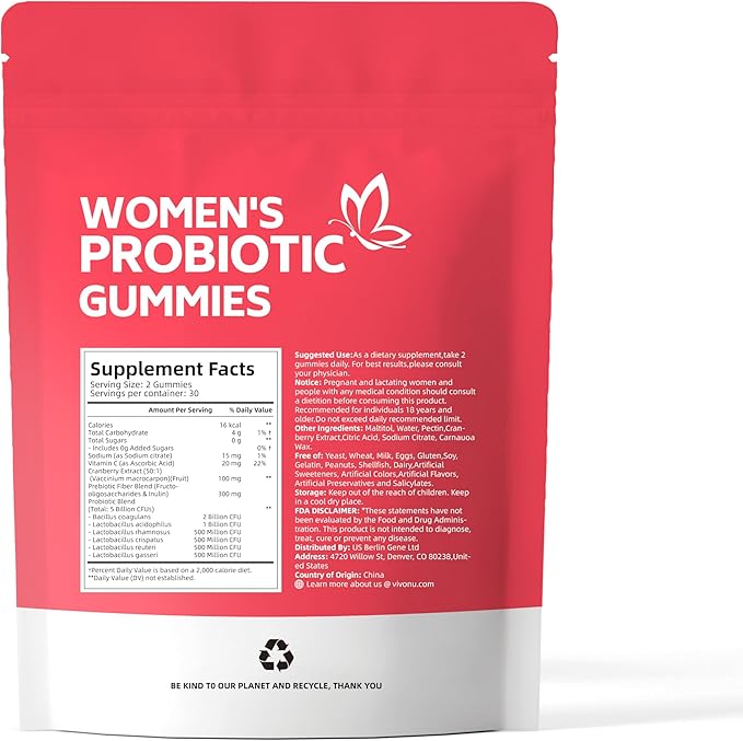 VivoNu Vaginal Probiotics for Women Feminine Balance pH Gummies for Healthy Odor Yeast Balance &amp Flora + Vitamin C for Immune Support -Cranberry