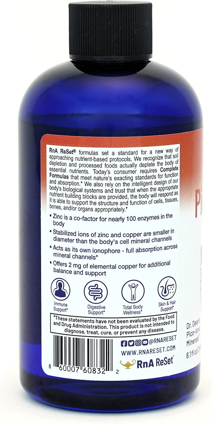 RnA ReSet Pico Zinc Plus – Liquid Zinc &amp Copper Supplement Pico-Ionic Mineral Solution 8.1 Fl Oz (1-Pack) NSF Contents Certified Immune Support Skin Health Cellular Health Vegan