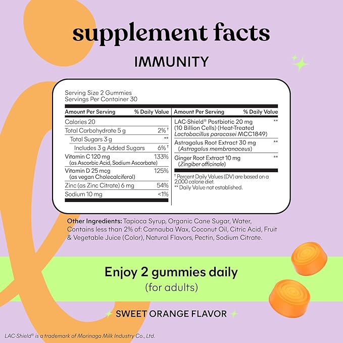 Lemme Immunity Postbiotic Gummies with Vitamin C Vitamin D (2000 IU) Zinc 10 Billion Postbiotic Cells Astragalus for Immune Support - Vegetarian Gluten Free Sweet Orange (60 Count)