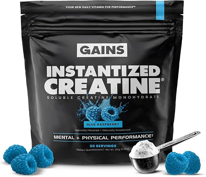 Gains in Bulk Instantized Creatine Monohydrate for Women and Men Soluble Pre Workout Powder Supports Muscle Building Strength and Performance Bodybuilding Supplements Blue Raspberry 30 Servings