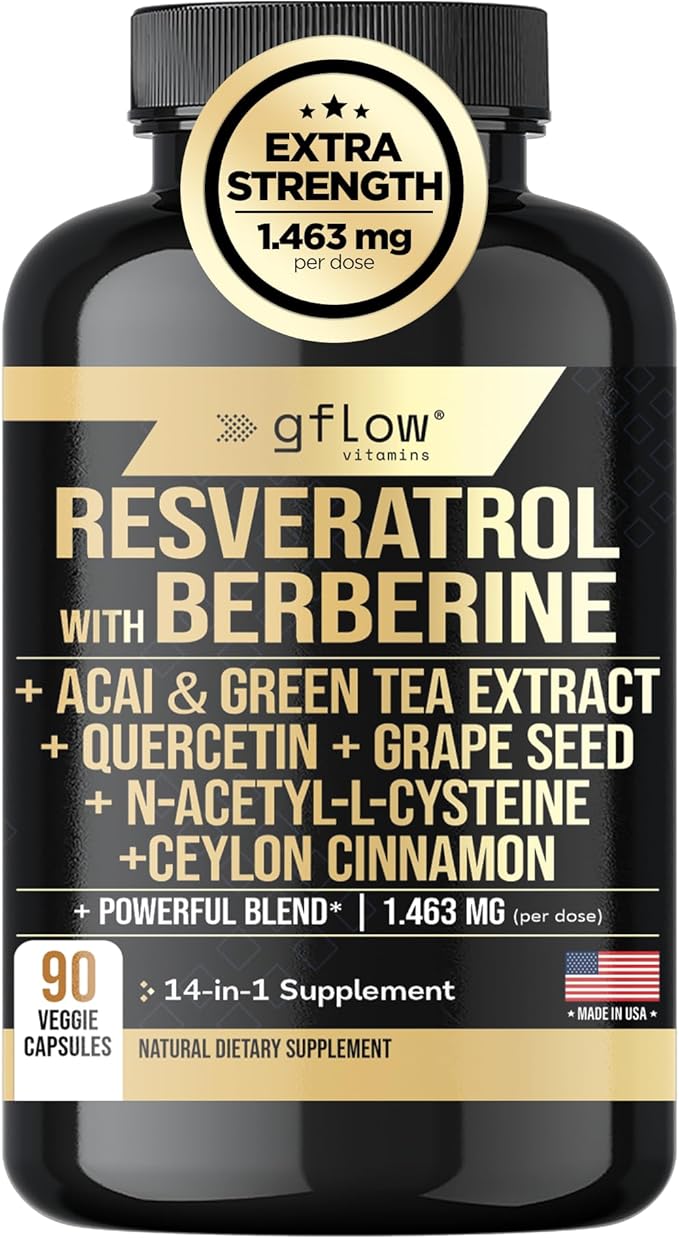 Resveratrol Supplement with Berberine Green Tea Extract Ceylon Cinnamon Grape Seed &amp Quercetin1000mg Quercetin N Acetyl cysteine Acai | 100% Natural Max Strength | Made in USA