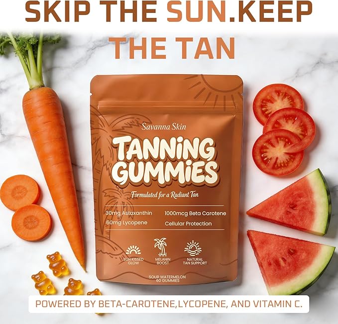 velura Savanna Skin Tanning Gummies Astaxanthin &amp Lycopene Complex for Natural Sun-Kissed Glow &amp Hydration Watermelon Vegan Sugar Free – 60 Count