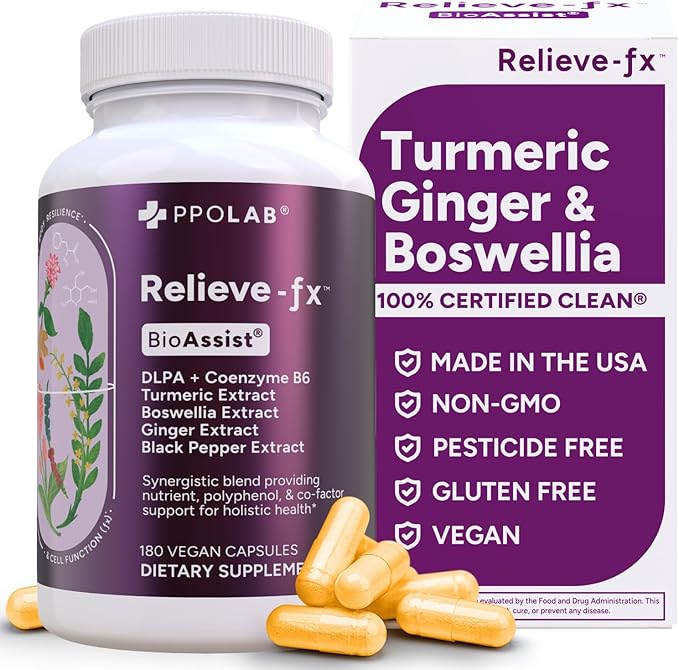 PPO Lab® Relieve-fx™ DLPA Boswellia Turmeric Ginger Supplement for Inflammation Health Heart Gut Cramps Joint Stress Relief Factors as Curcumin Boswellic Acid Black Pepper Extract 180 Capsules