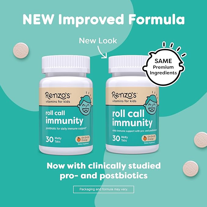 Renzo's Roll Call Immunity - Dissolvable Kids Immune Support Supplement with IMMUSE Postbiotic Sugar-Free Kids Vitamins 30 Orange-Flavored Melty Tabs