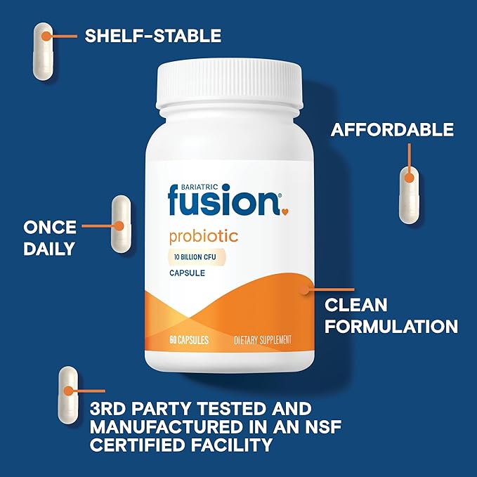 Bariatric Fusion Probiotic Capsule | Easy to Swallow Bariatric Vitamin | 10 Billion CFU | Bacillus Coagulans | Support Digestive &amp Immune Health | 60 Count