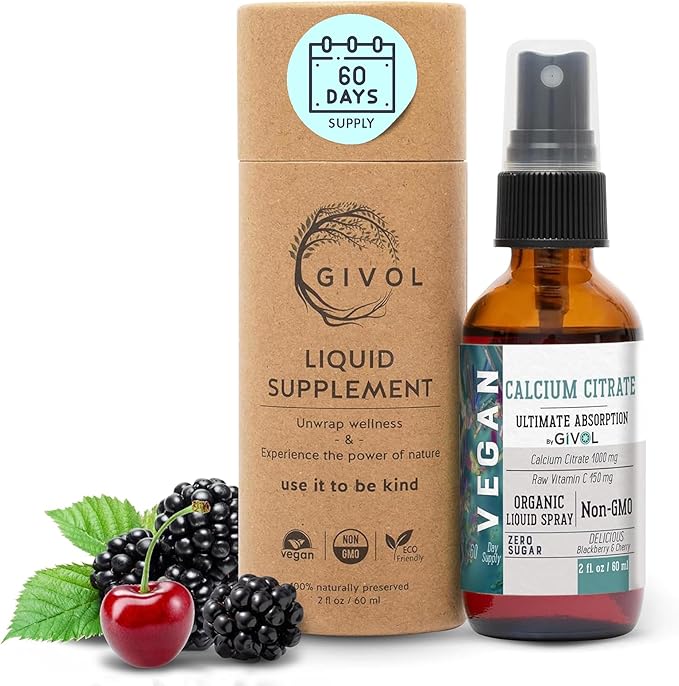 Liquid Calcium Citrate 1000mg &amp Raw Vitamin C 150mg Liquid Spray Mist for Optimal Absorption Wild Cherry &amp BlackBerry Flavor Calcium Supplement Non-GMO Gluten Free Sugar-Free 2oz (60ml)