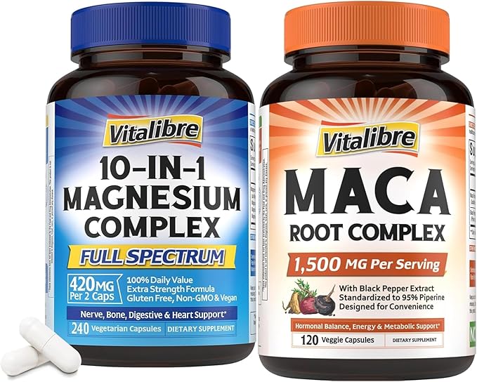 10 in 1 Magnesium Complex 420mg 240 Vegan Capsules and Maca Root Capsules 1500mg 120 Capsules Bundle Non-GMO