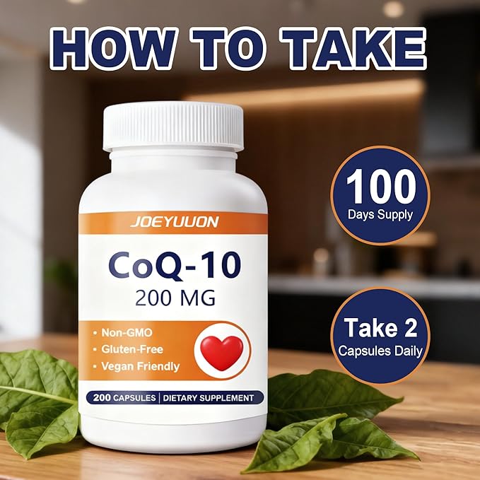 JOEYUUON CoQ10 Supplement 200mg Daily Coenzyme Q10 for Energy &amp Wellness Non-GMO Gluten-Free 200 Capsules