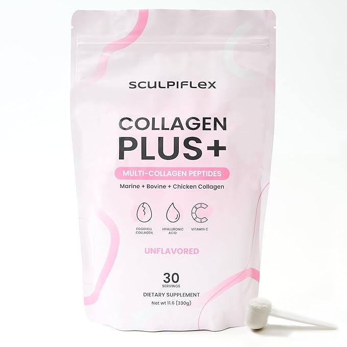 Sculpiflex Hydrolyzed Collagen Peptides Powder Marine Bovine and Chicken Unflavored Multi Collagen Complex for Women Firms Skin and Boosts Elasticity Hydrating with Hyaluronic Acid (30 Servings)