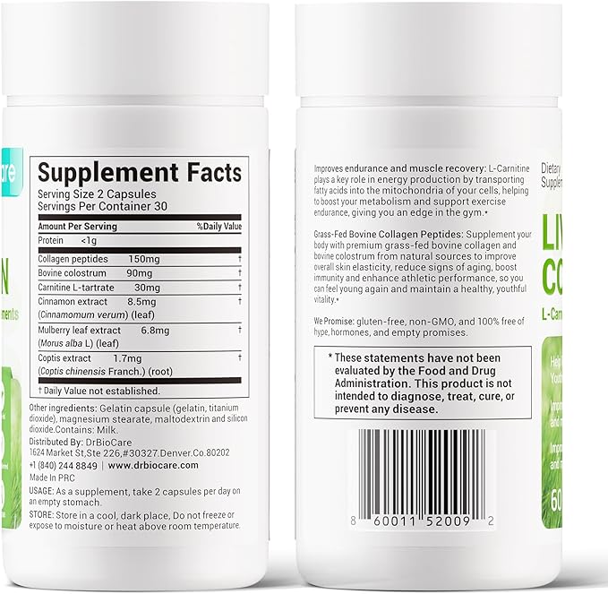 DrBioCare Living Collagen L-Carnitine Complex Supplement Grass Fed Bovine Collagen PeptidesBovine ColostrumCinnamon ExtractMulberry Leaf Extract Non-GMO 60 Capsules