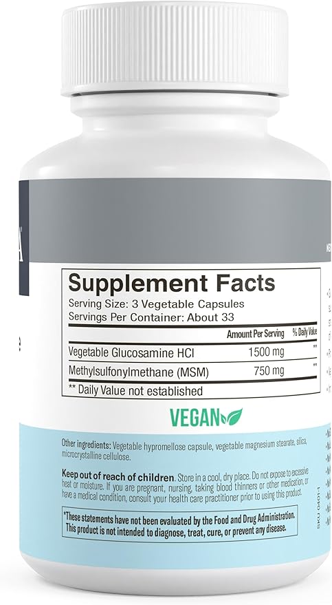 FREEDA Glucosamine MSM – Vegan Joint Flexibility &amp Mobility Supplement – Vegetarian Glucosamine Without Shellfish – Supports Joint Function – Third-Party Tested – (100 Capsules)