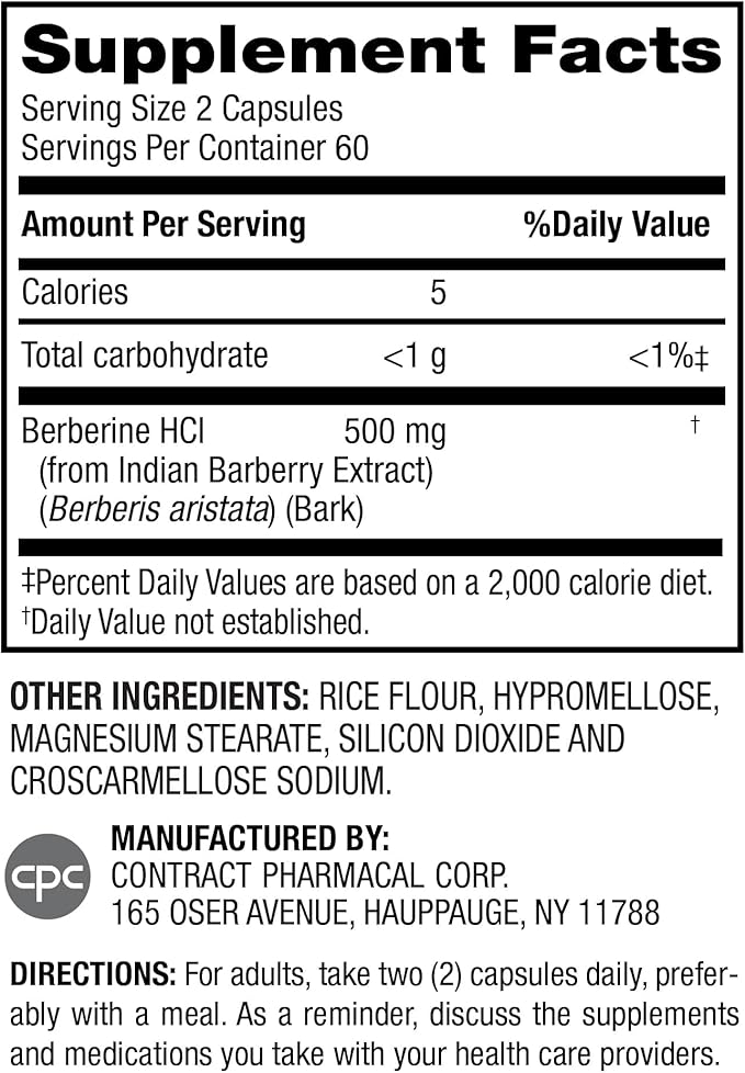 Earth's Splendor Berberine 500mg Capsules Supports Metabolism (120ct Bottle 2 Month Supply) Non-GMO Vegan-Friendly