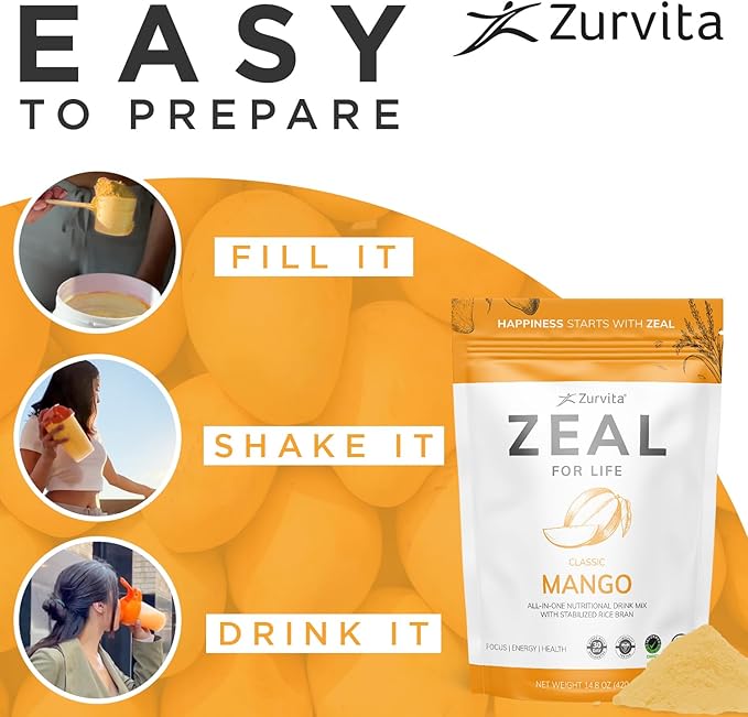 Zurvita Zeal for Life Wellness Drink Mix - Mango Flavor - Gluten-Free Vegan with Biotin Vitamins B12 C D E Iron Magnesium - 30 Servings (420g)