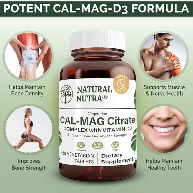 Natural Nutra Cal-Mag Citrate with Vitamin D31000/500 mg Complex Strengthen Bone Density Muscle and Nerve Health Help Maintain Healthy Teeth Highly Bioavailable Sources 250 Vegan Tablets