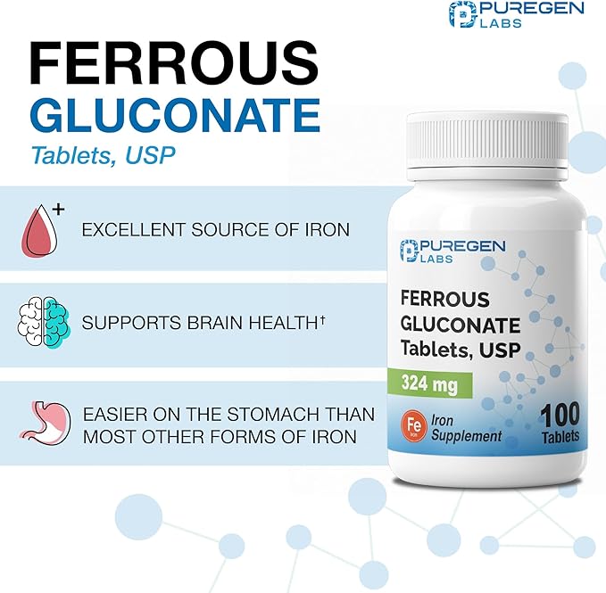 Puregen Labs Ferrous Gluconate 324 mg [High Potency] Iron Supplement Gentle on Stomach | 3 Pack - 300 Tablets Total
