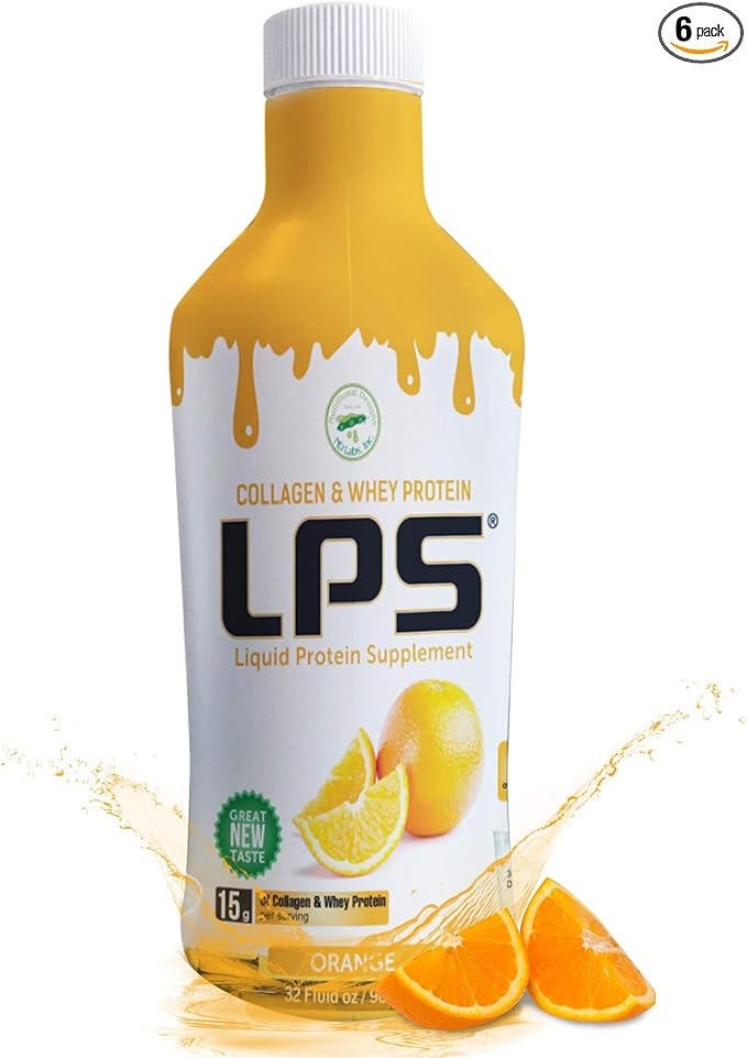 Nutritional Designs Liquid Collagen &amp Whey Protein Supplement - Sugar-Free Non-GMO Drink - Promotes Healthy Skin &amp Hair for Men &amp Women (Orange) Pack of 6