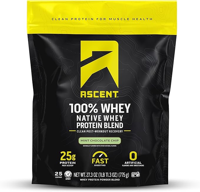 Ascent 100% Whey Protein Powder - Post Workout Whey Protein Isolate Zero Artificial Flavors &amp Sweeteners Gluten Free 5.5g BCAA 2.6g Leucine Military Exclusive Mint Chocolate Chip 1.7 lb