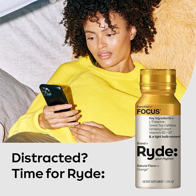 Ryde: Focus Shot | Orange Flavor | L-Theanine &amp Ginseng | Green Tea Caffeine | Vitamins B2 &amp B7 | 0 Calories 0 Sugar | 2 FL OZ Shots | Supports Focus* (24 Pack)