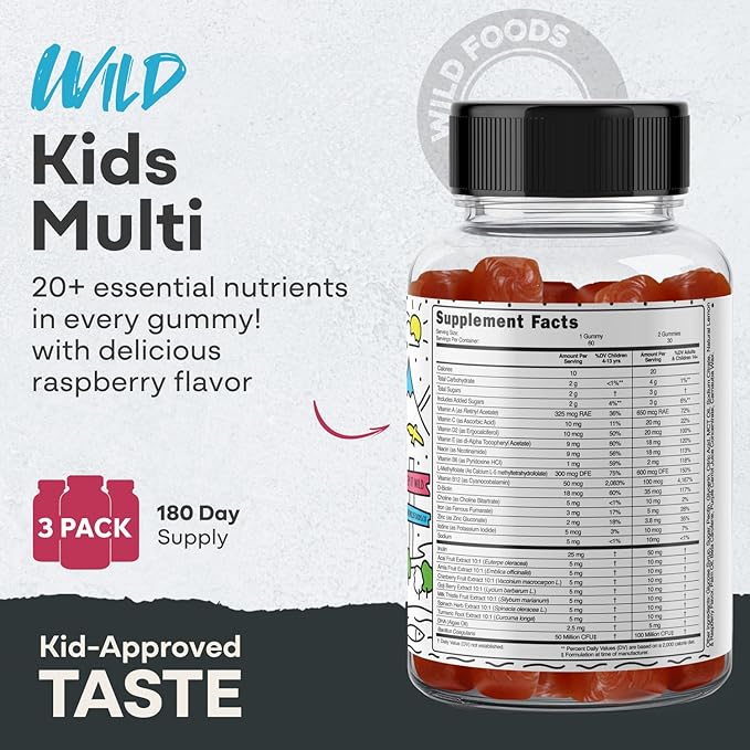 Wild Foods Kids Multivitamin Gummies – Natural Skin Immune &amp Bones Support with Kids Vitamins A C D E B12 Iron &amp DHA – Probiotics &amp multivitamin for Growth – 60 Flavored Gummies