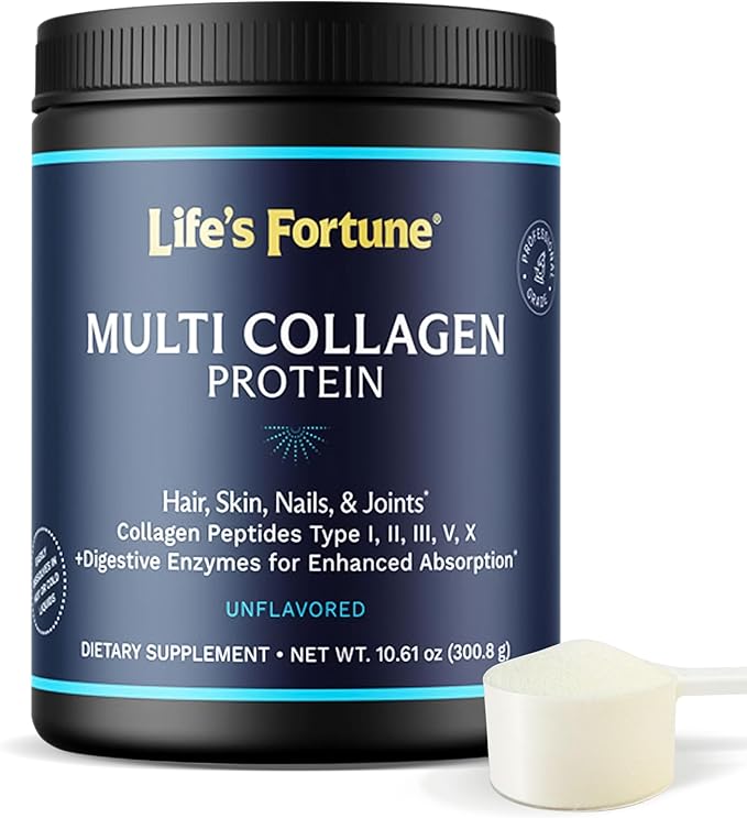 Life's Fortune Multi Collagen Peptides Powder Drink Plus for Women &amp Men - Type I II III V X Blend with Digestive Enzyme – for Skin Hair Nails Joints Health Unflavored 30 Servings