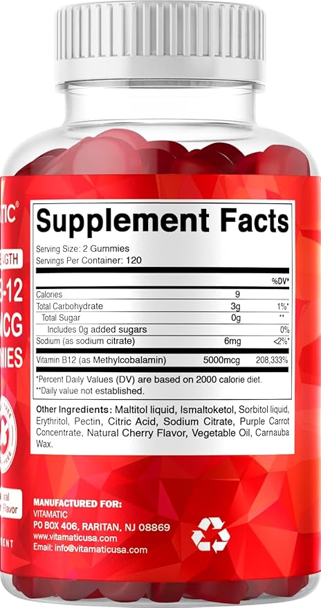 Vitamatic Extra Strength Vitamin B12 5000 mcg (Methyl B12) Gummies - 240 Count Natural Cherry Flavored