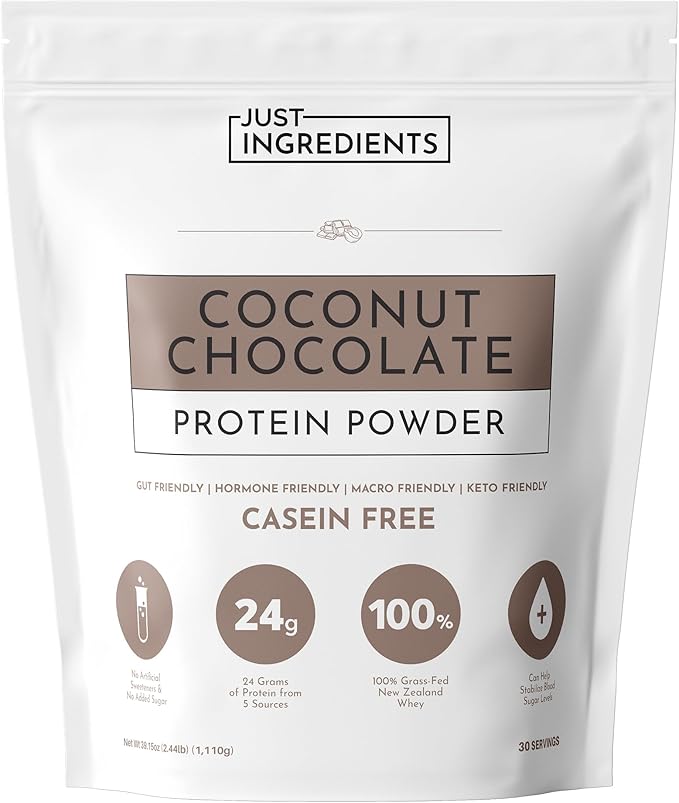 JUST INGREDIENTS Coconut Chocolate Protein Powder – 30-Serving Blend with 100% Grass-Fed Whey &amp Organic Plant Proteins – Creamy Coconut Cocoa Flavor – Supports Muscle Recovery Energy*