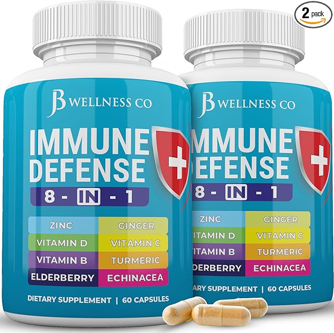 Immune Support 8 in 1 Capsules - Zinc Supplement Vitamin D3 Vitamin C and Elderberry - Immune Booster with Echinacea Ginger Root and Turmeric - [2-Pack]