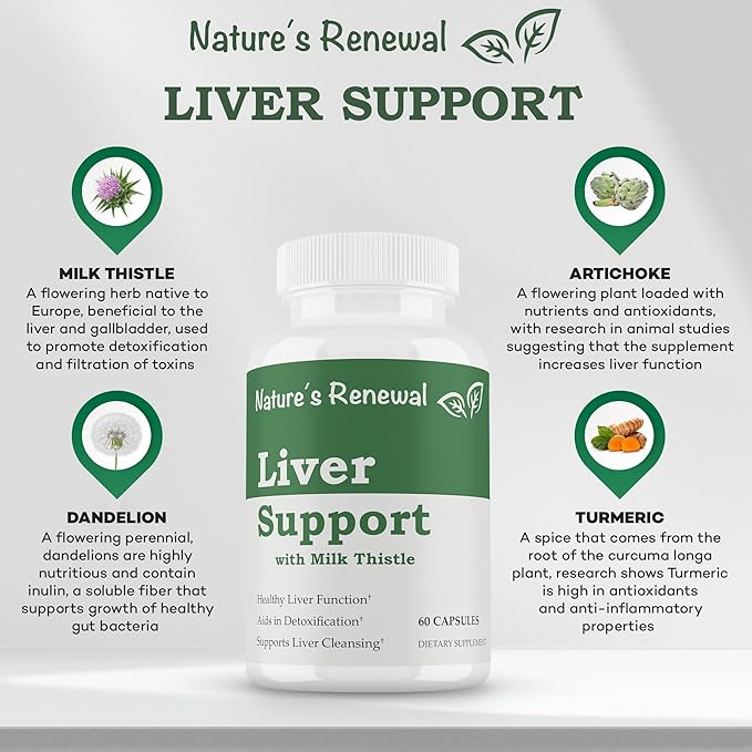 Nature's Renewal Liver Support Supplement – Cleanse Detox Repair Renew Recovery Formula with Milk Thistle Dandelion Root Artichoke Extract Choline Turmeric – 60 Capsules
