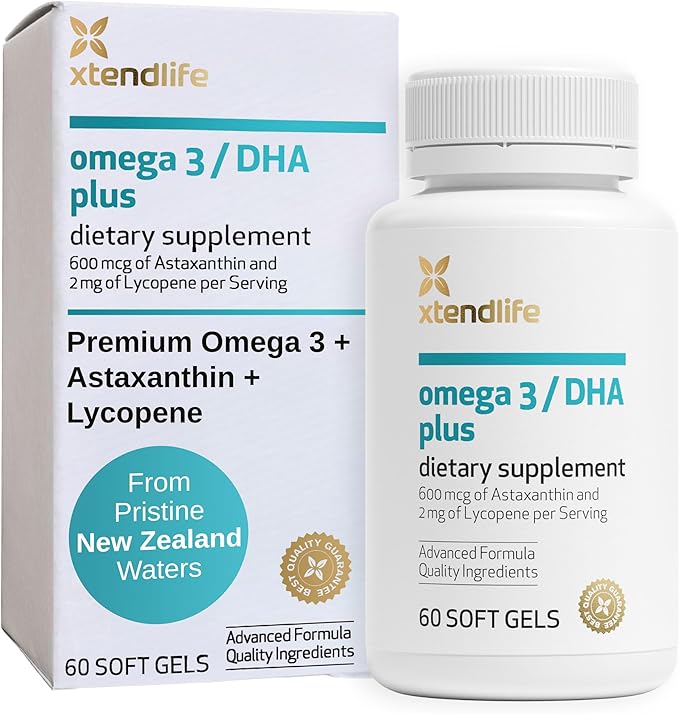Xtendlife Omega 3 DHA Plus Fish Oil for Heart Brain Eye &amp Skin Health - 1100mg Omega-3 with DHA EPA Lycopene &amp Astaxanthin - 1 Month Supply (60 Count)