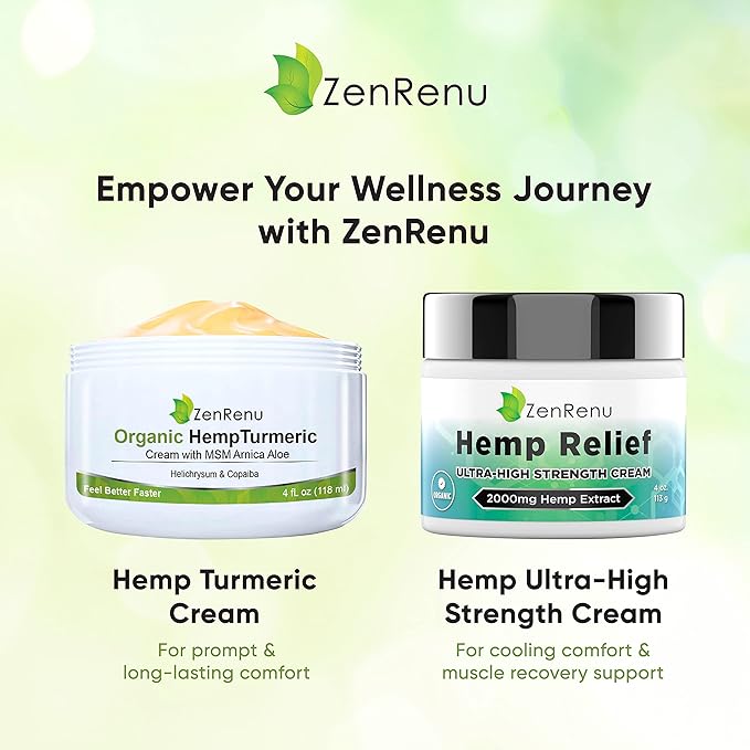 Zenrenu Organic Hemp Turmeric Cream with Arnica MSM Hemp Oil Extract &amp 7 Essential Oils - Non Greasy &amp Fast Absorbing for Any Areas of Discomfort 4 oz