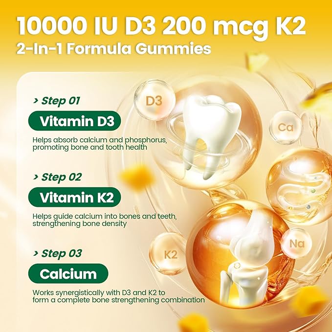 Vitamin D3 K2 Gummies D3 10000 IU &amp MK7-200 mcg 2 in 1 Vitamins D &amp K Complex | Vitamina D3 con K2 | Supports Calcium Absorption Bone Immune &amp Heart Health Easy to Carry and use (180