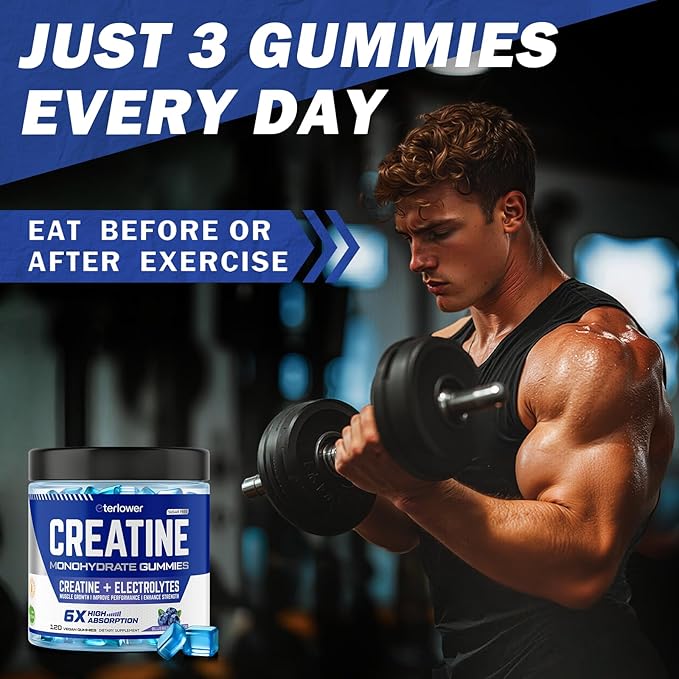 Creatine Monohydrate Gummies 5g – Pre-Workout Energy &amp Muscle Growth Support for Men &amp Women | Blueberry Electrolyte Gummies 120 Count