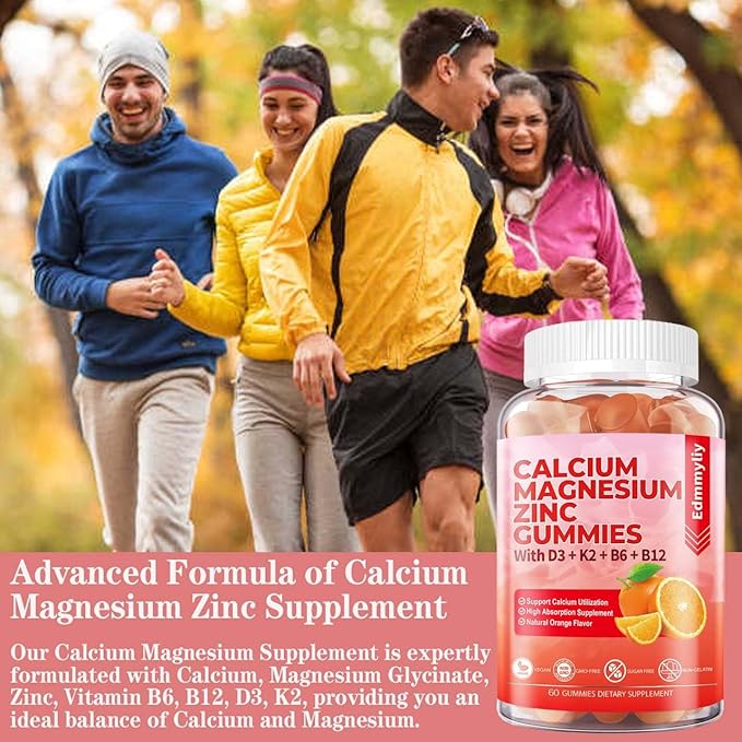 Sugar Free Calcium Magnesium Zinc Supplement Gummies with Vitamin D3 &amp B12 for Women and Men High Absorption Calcium Magnesium Supplement for Immune Support (120 Counts)