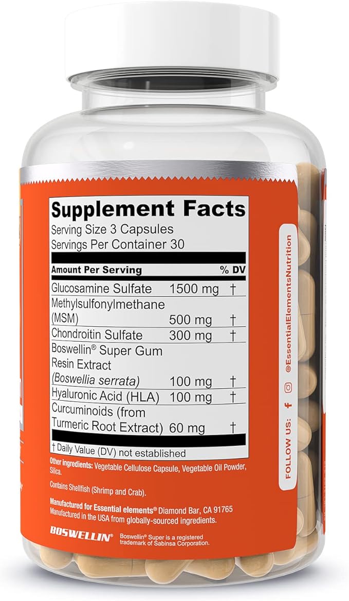 Essential Elements Glucosamine Chondroitin MSM Boswellia Serrata Hyaluronic Acid Supplement Joint Support Antioxidant Supplement for Flexibility - 180 Capsules (2-Pack)