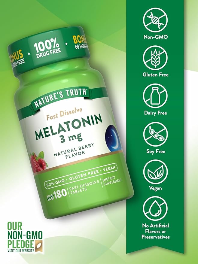 Nature's Truth Melatonin 3 mg Fast Dissolve Tabs Natural Berry Flavor - 180 ct Pack of 3