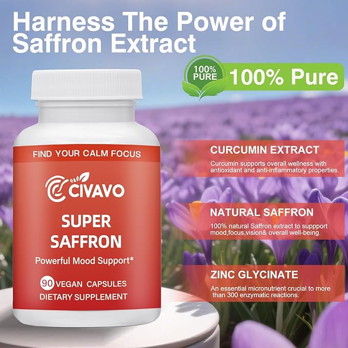 Super Saffron Supplements for a Happy Mind &amp Body - with Pure Optimized Organic Saffron Extract 30mg Curcumin &amp Zinc - Vegan Non-GMO Pills Support Focus Mood Eye Health for Women &amp Men