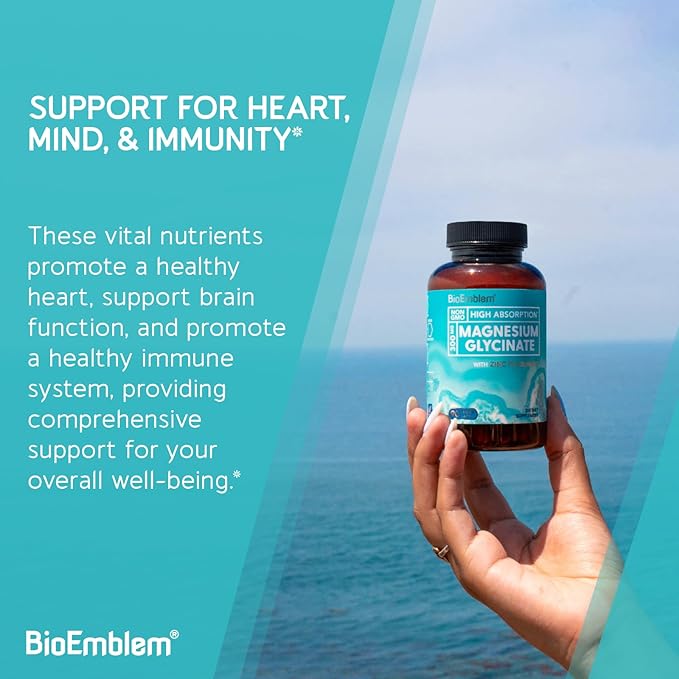 BioEmblem Magnesium Glycinate with Zinc - 300mg Chelated Magnesium Supplement - High Absorption Vegan Non-GMO 2-in-1 Complex - Immune Support Muscles Nerves - 90 Capsules
