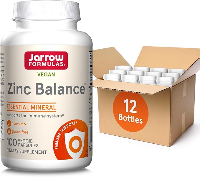 Jarrow Formulas Zinc Balance 15 mg - 100 Servings (Veggie Caps) Includes Copper Essential Mineral for Immune System Support - Immune Support Supp - Gluten Free Zinc Copper Supp - Vegan Pack of 12